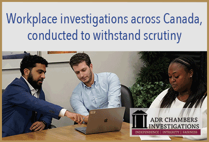 Three colleagues reviewing a laptop in a boardroom, with the ADR Chambers Investigations logo below.