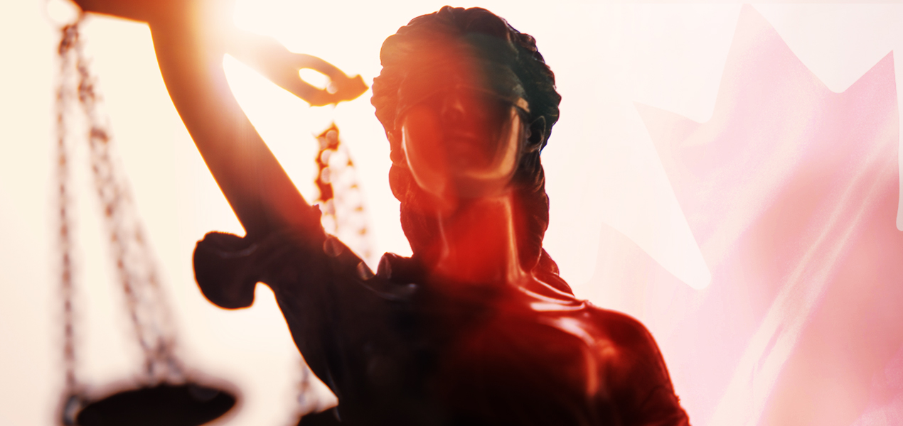 Blindfolded Lady Justice statue with scales, overlaid with a faded Canadian flag