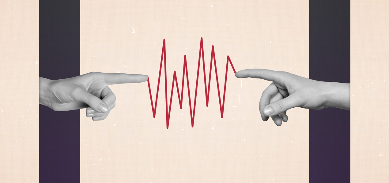 Composite collage of two black, vertical rectangles on each side with a hand coming out of the middle. The hands are pointing towards each other and have a pulse line connecting them.