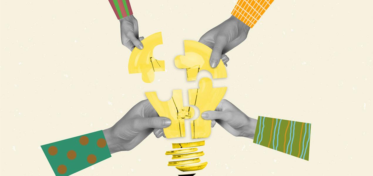 Composite illustration of hands putting together the puzzle pieces of a light bulb together.